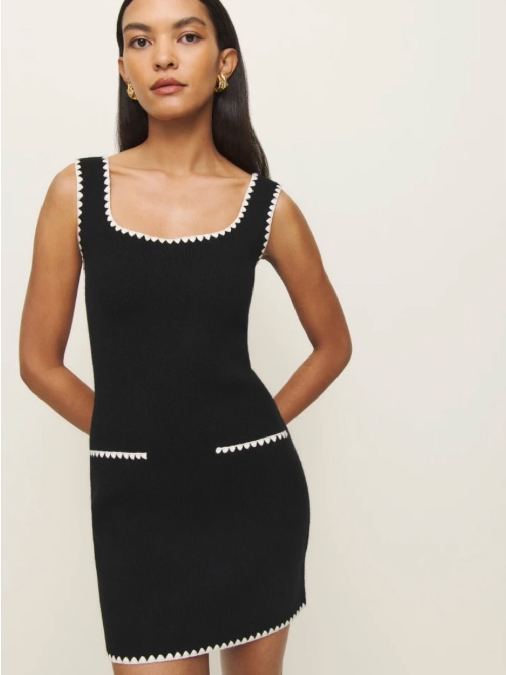 Reformation Black Knit Mini Dress with White Trim
